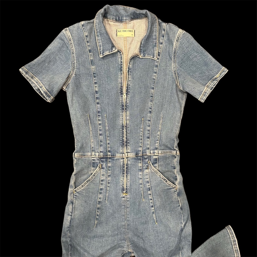 We The Free Blue Denim Romper with Cinched Waist